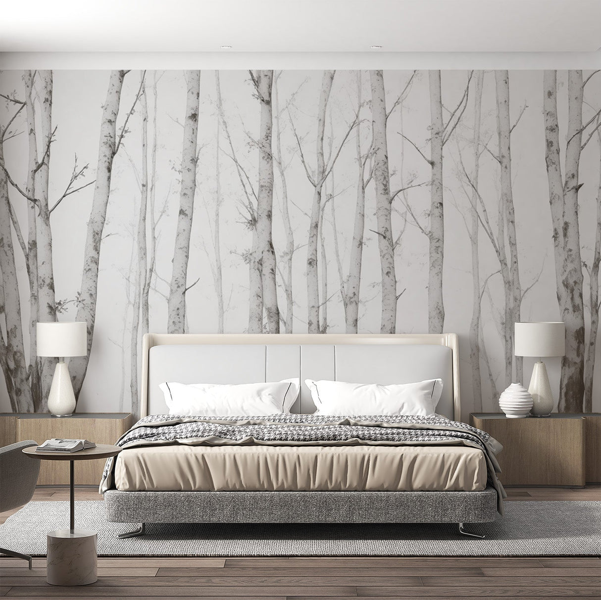 Minimal Birch Forest Wallpaper creating a serene atmosphere in a modern Scandinavian living room
