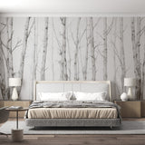 Minimal Birch Forest Wallpaper creating a serene atmosphere in a modern Scandinavian living room