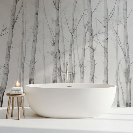Minimalist Birch Tree Forest Wallpaper creating a serene atmosphere in a modern Scandinavian living room with natural light