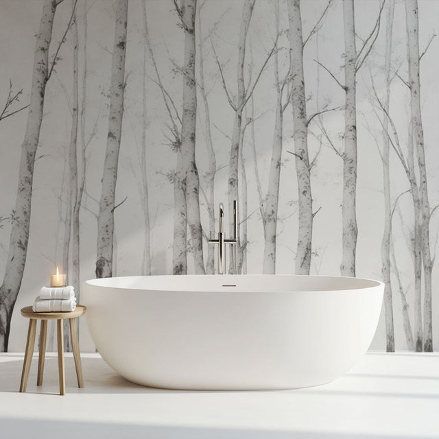 Minimalist Birch Tree Forest Wallpaper creating a serene atmosphere in a modern Scandinavian living room with natural light