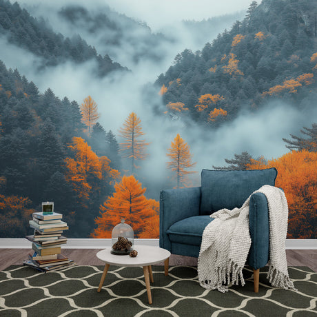 Mountain forest wallpaper creating depth in modern living room, morning light highlighting autumn colors and misty details