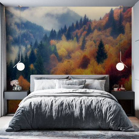 Mountain forest wallpaper with autumn colors shown in a bright modern living room, creating depth and warmth