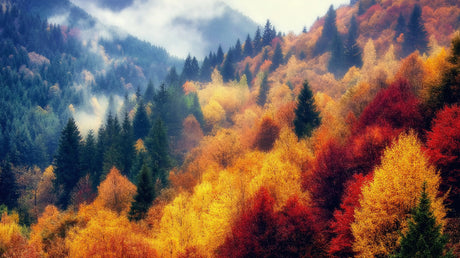 Mountain forest wallpaper design file showing misty autumn scene with golden trees and pine forest