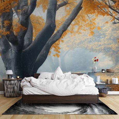 Forest wall mural creating a cozy atmosphere in a modern living room, autumn colors warming the space
