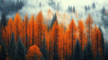 Forest Mural Wallpaper showing orange pine trees in mist, displayed in a modern living room with grey sofa and natural light