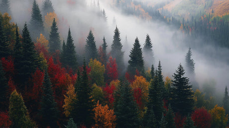 Forest wall mural design file showing detailed pine trees in morning mist