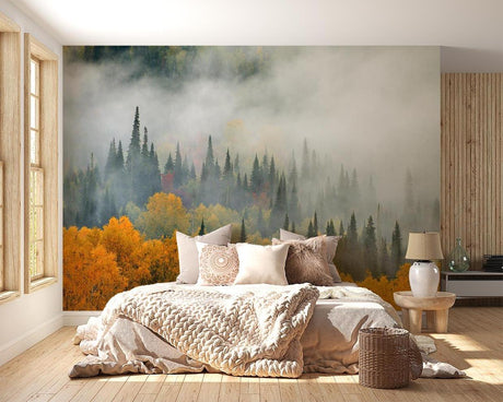 Forest wall mural in modern living room showing misty pine trees and autumn colors creating depth