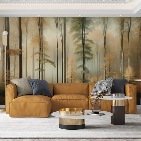 Forest Mural Wallpaper creating a cozy atmosphere in a modern living room, golden morning light filtering through misty trees