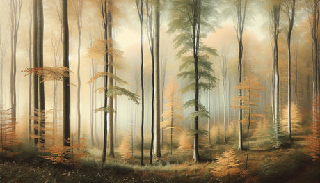 Forest Wallpaper design file showing detailed misty autumn trees pattern with golden light effects