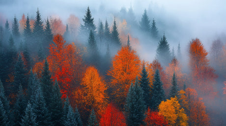 Autumn forest wallpaper with orange and blue misty trees creating depth in a modern living room setting