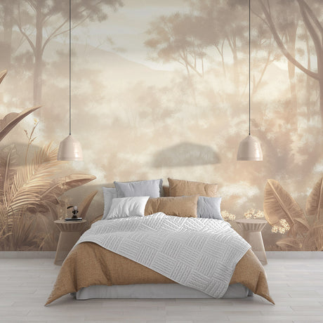 Tropical forest wallpaper creating a peaceful atmosphere in a modern living room with beige furniture