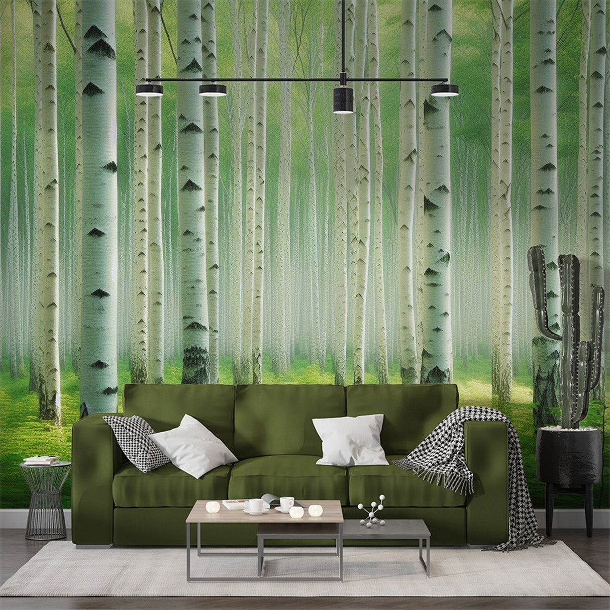 Birch forest wallpaper creating a bright, airy atmosphere in a modern Scandinavian living room setting