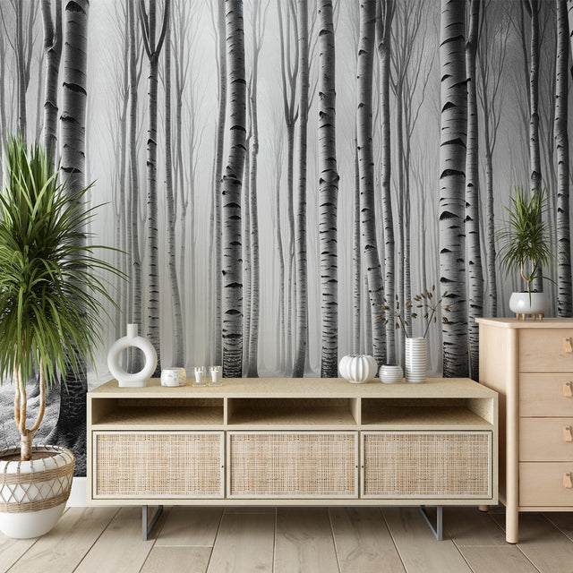 Black and white forest wallpaper creating a serene atmosphere in a modern living room with minimal furniture