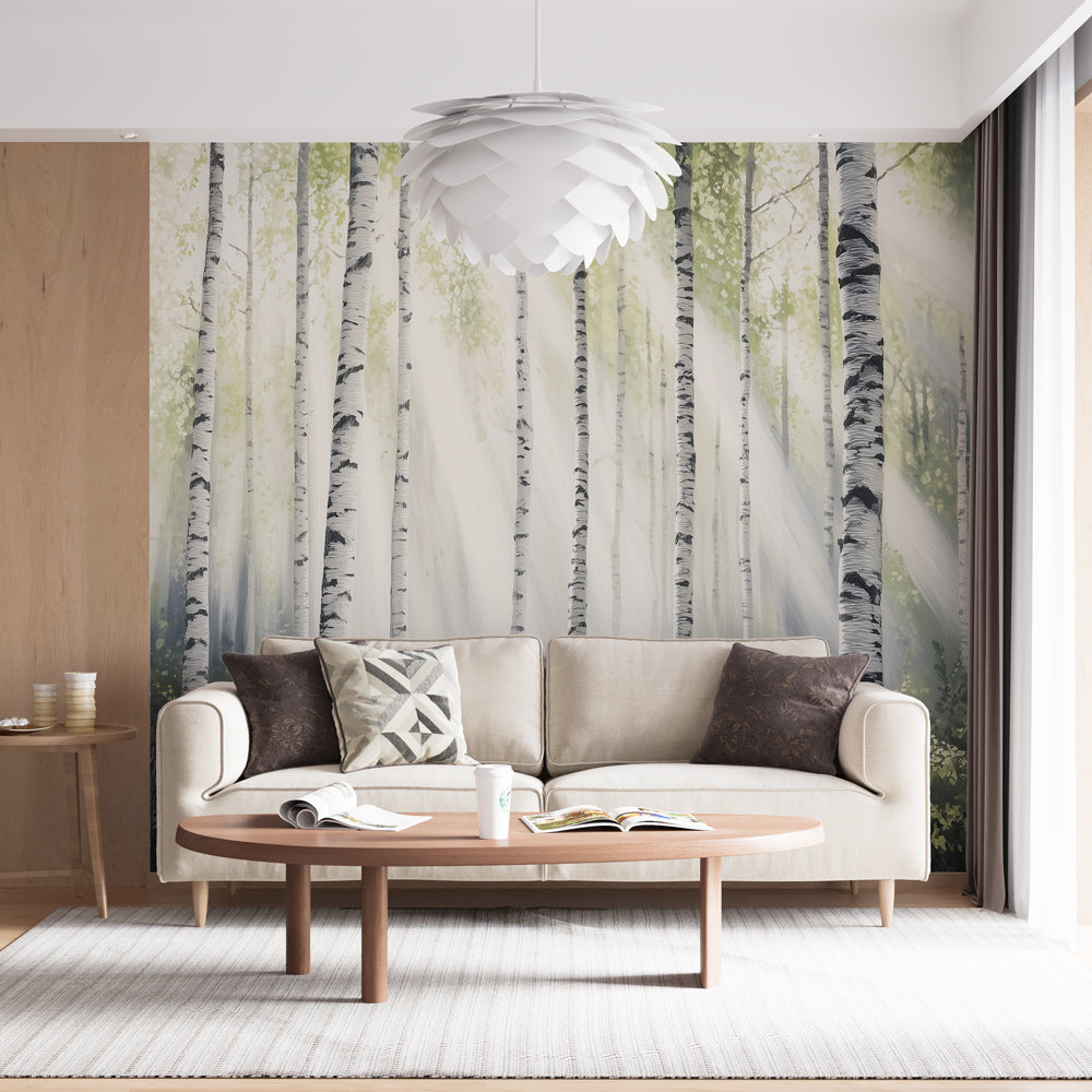 Forest mural wallpaper with misty birch trees creating a stunning backdrop in a modern living room with natural light