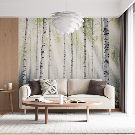 Forest mural wallpaper with misty birch trees creating a stunning backdrop in a modern living room with natural light