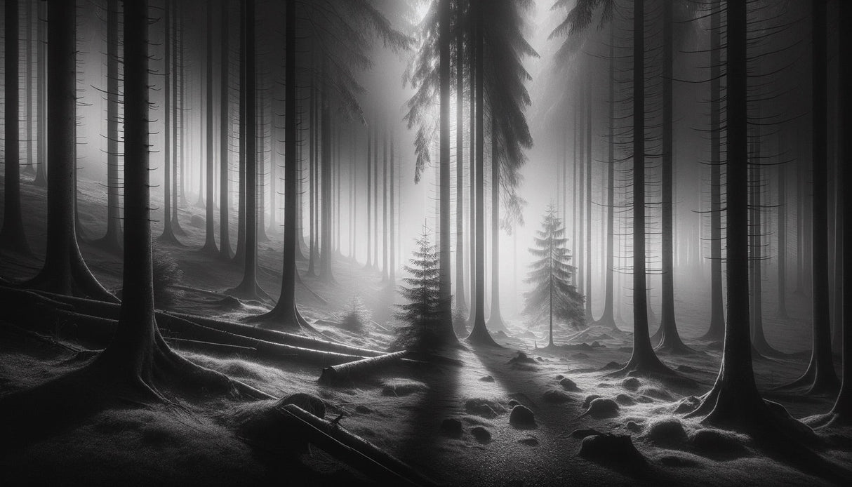 Monochrome Forest Mural Wallpaper creating depth in modern living room with grey sofa