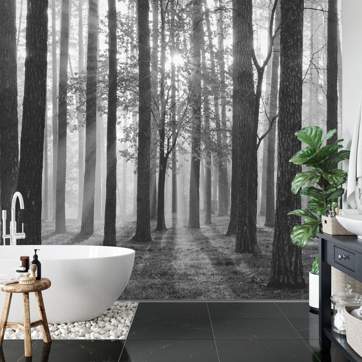 Forest wall mural in home office showing black and white misty trees