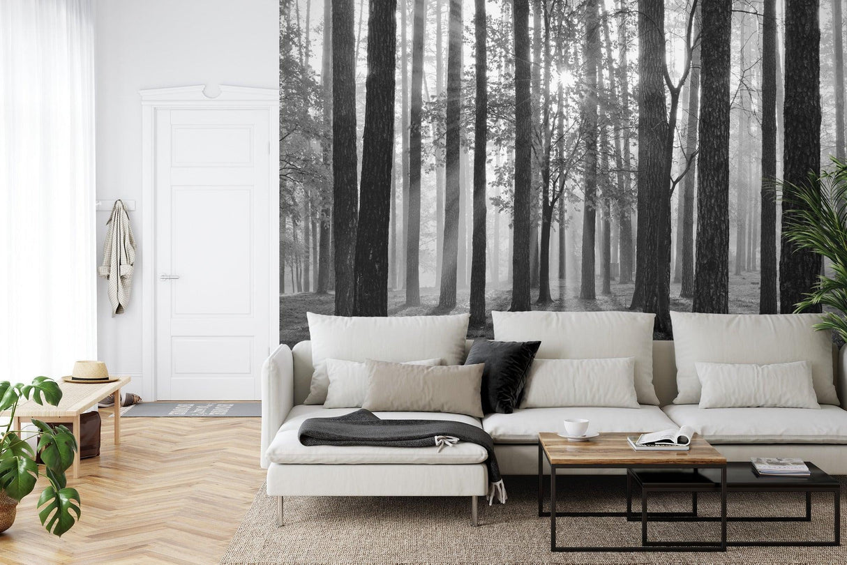 Misty forest wallpaper installation in dining room with natural lighting