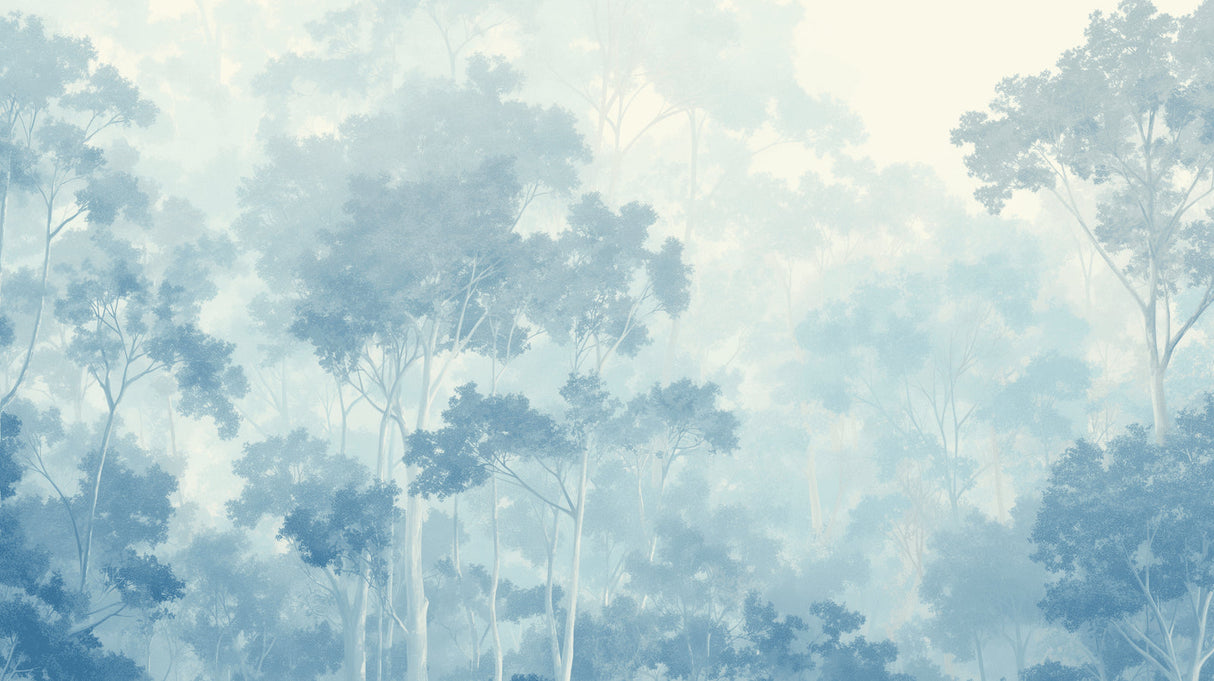 Blue forest mural adding serenity to a master bedroom with minimal furniture