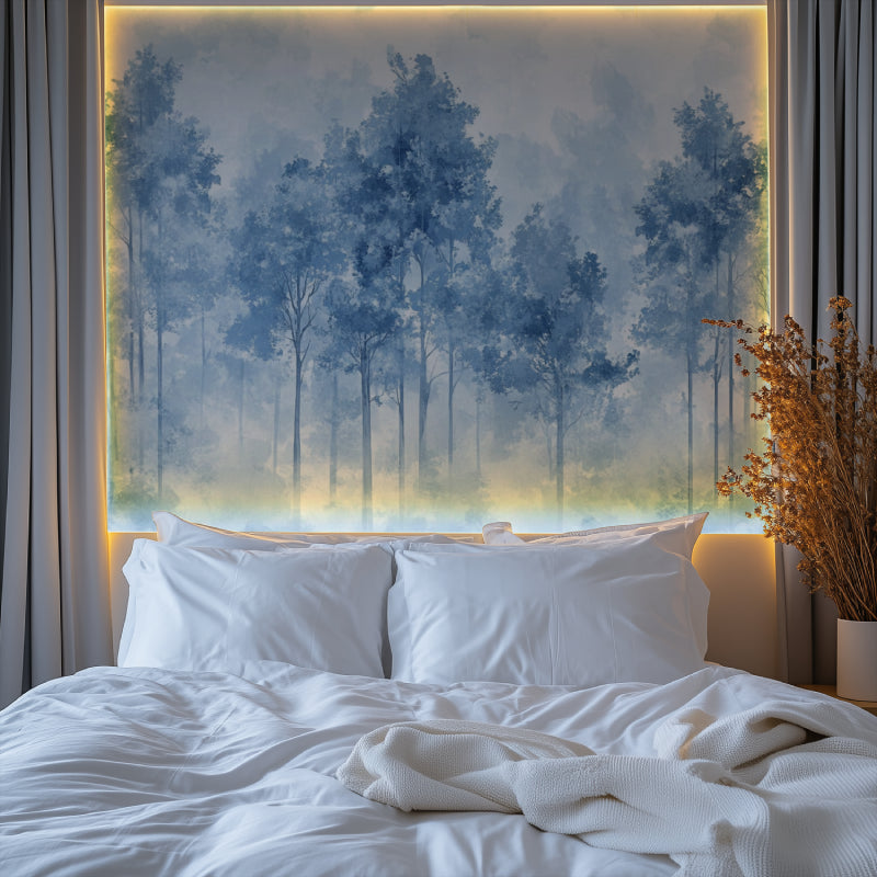 Forest Mural Wallpaper in modern living room showing blue misty trees creating depth