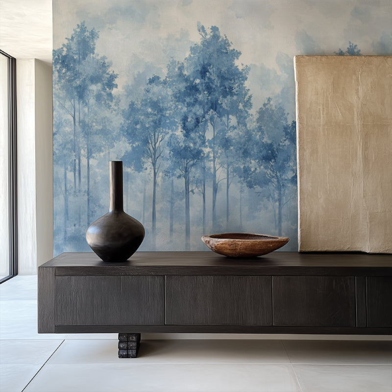 Blue forest wallpaper in master bedroom with morning light