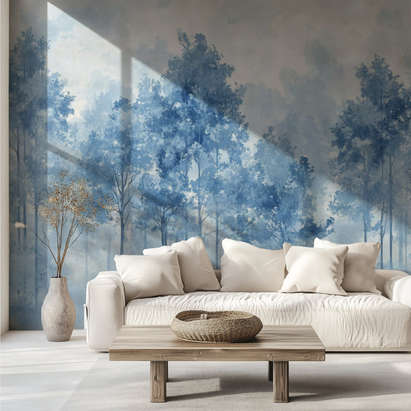 Misty forest mural in meditation room showing scale of trees