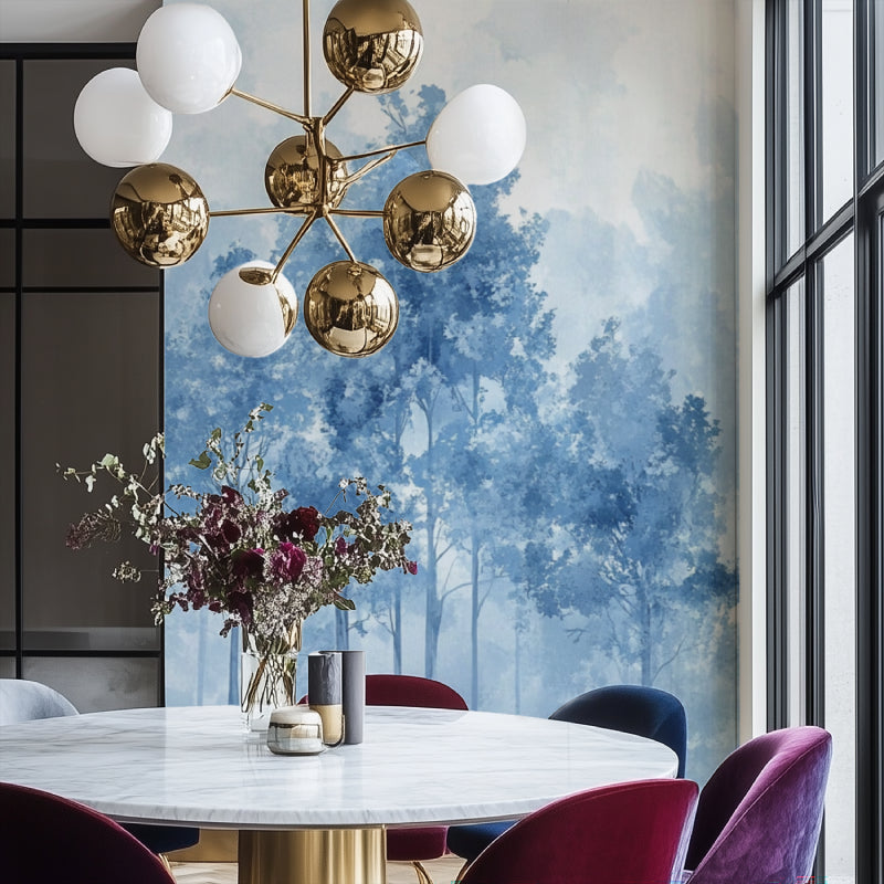 Forest tree wallpaper in dining room with soft blue tones