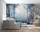 Enchanted Forest Wallpaper transforming a bedroom into a peaceful sanctuary with misty blue trees