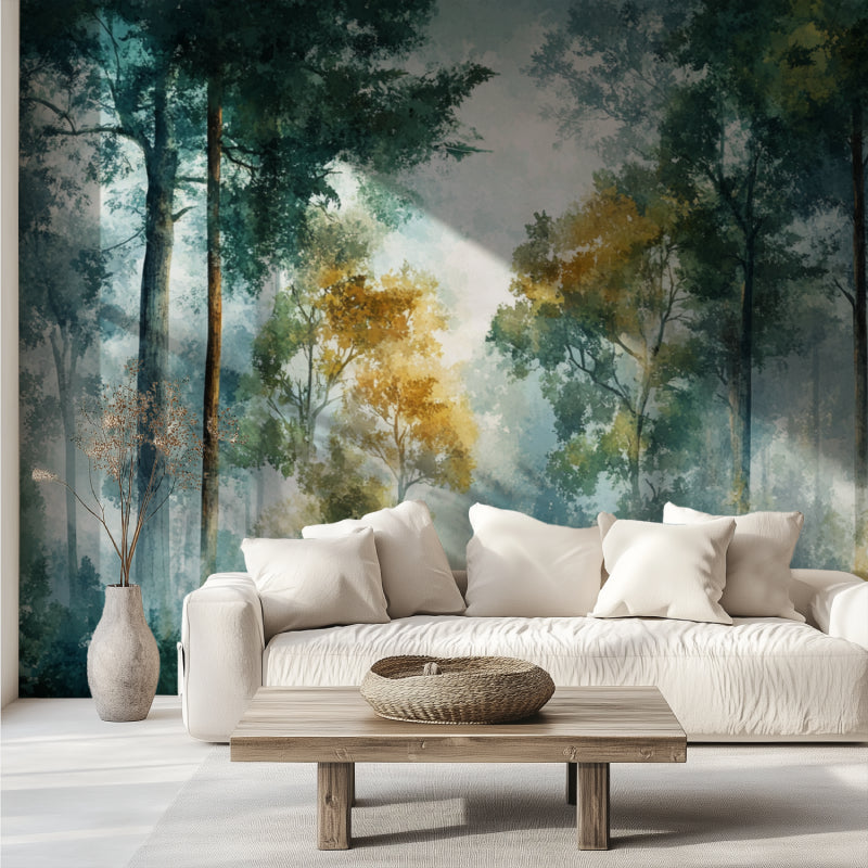 Forest mural wallpaper creating depth in modern living room with grey sofa and natural light