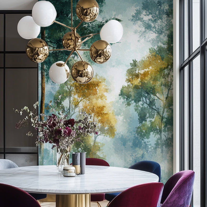 Misty forest wallpaper in master bedroom showing golden morning light effect