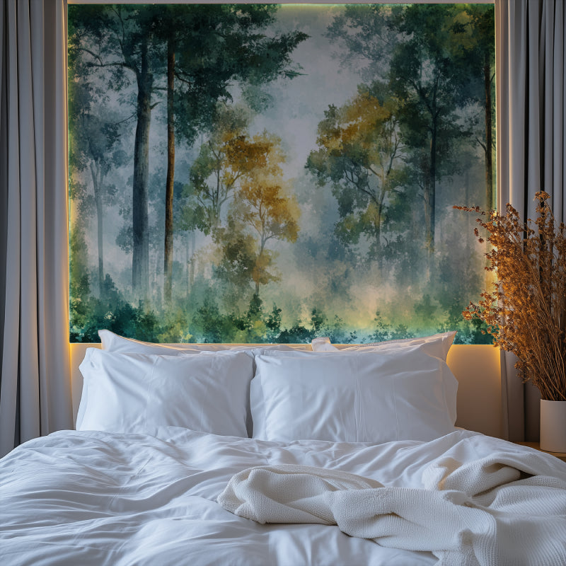 Green and gold forest mural adding natural charm to dining room setting