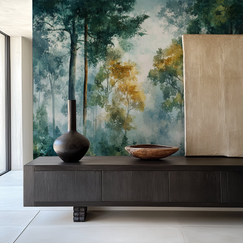 Woodland wallpaper mural showcased in home office with minimal furniture