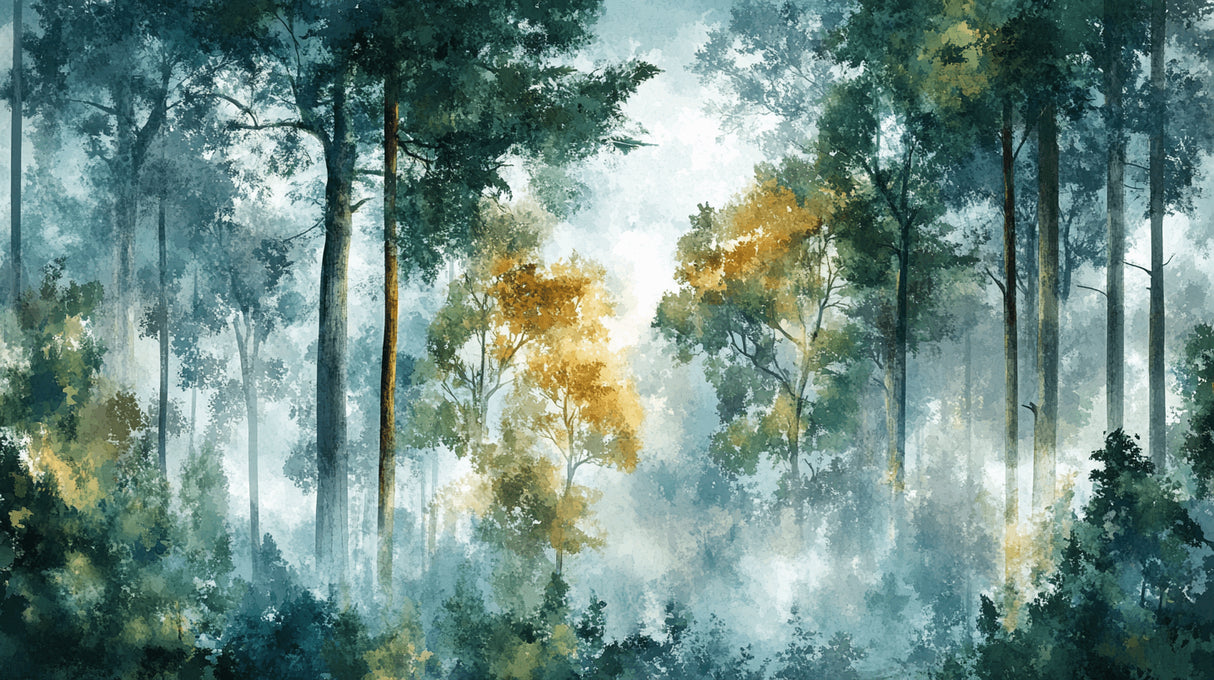 Misty green and gold forest wallpaper design file showing full pattern detail