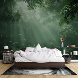 Misty forest mural bringing nature indoors in a minimalist dining room