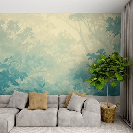 Forest mural wallpaper creating depth in modern living room with natural light