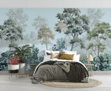 Misty forest wallpaper in cozy bedroom setting with morning light