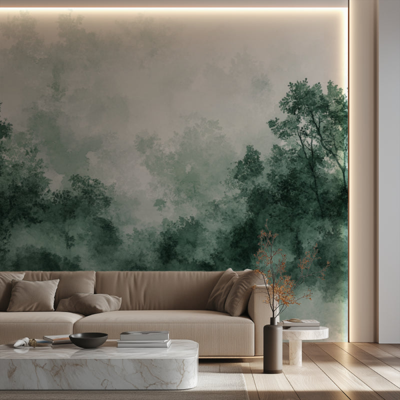 Forest wall mural creating depth in modern living room with gray sofa and natural light