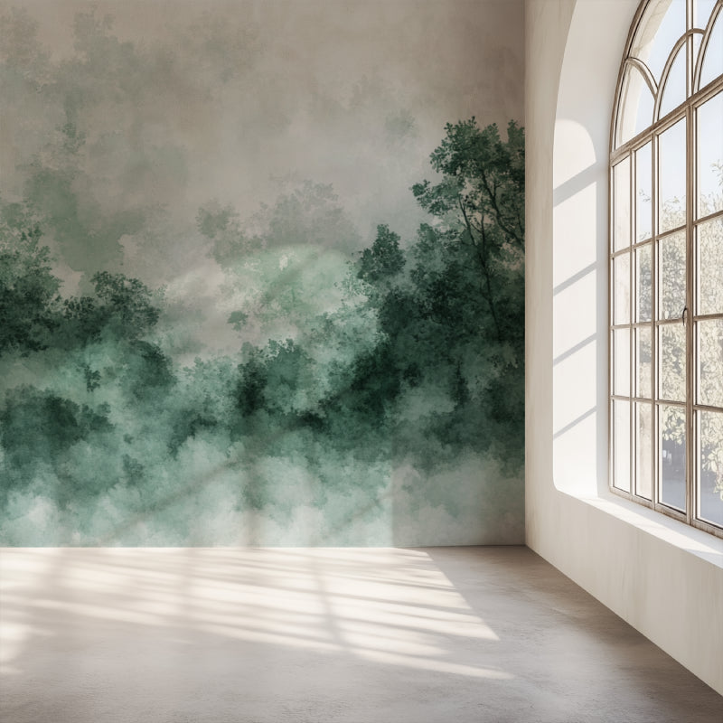 Misty forest wallpaper adding serenity to master bedroom with minimal decor