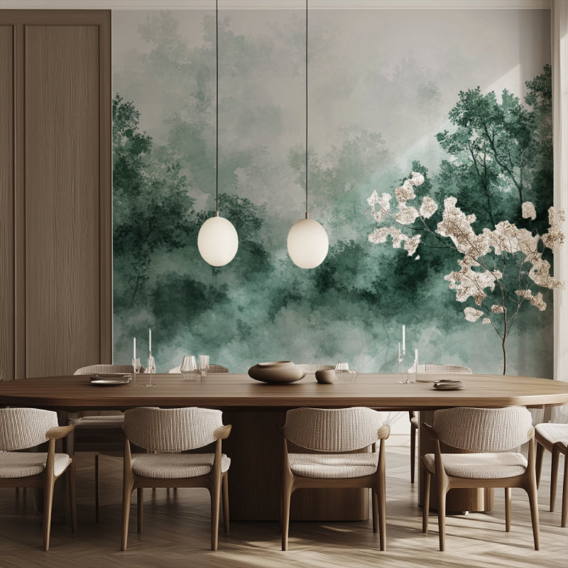 Forest wallpaper creating atmosphere in meditation room with natural elements