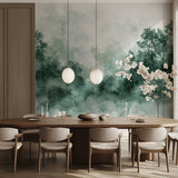 Forest wallpaper creating atmosphere in meditation room with natural elements