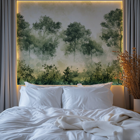 Forest wall mural creating depth in modern living room with grey sofa and natural light