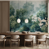 Forest mural wallpaper creating depth in modern living room with grey sofa and natural light