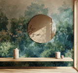 Green forest wall mural in home office space with wooden desk