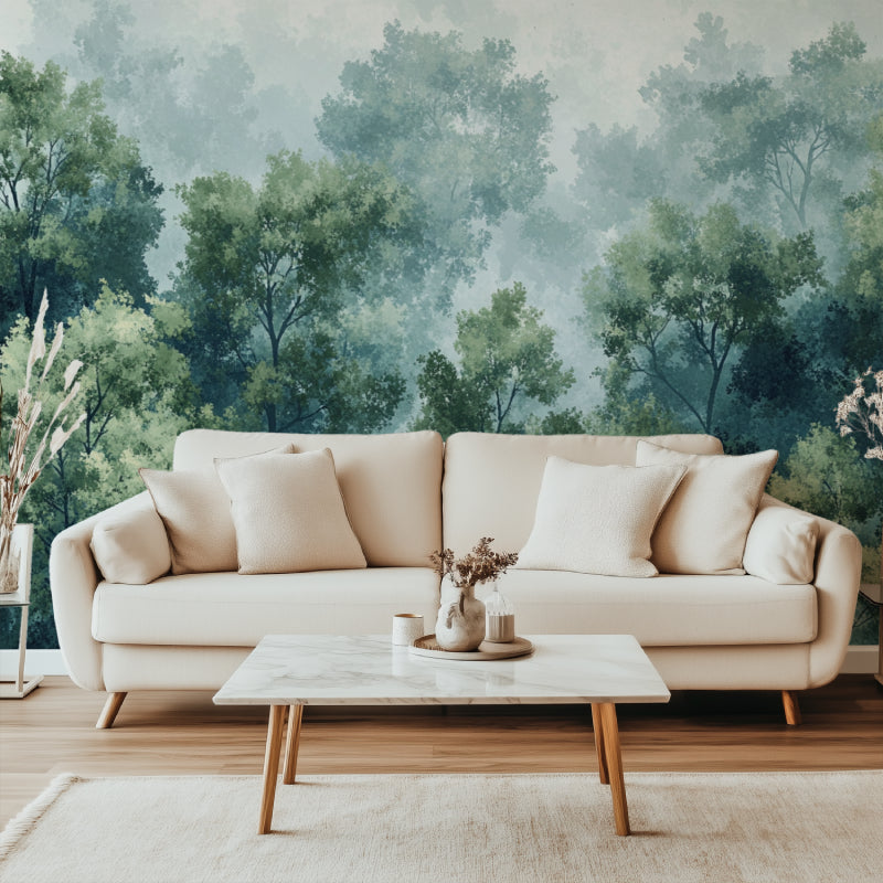 Nature wall mural application in dining room with natural lighting