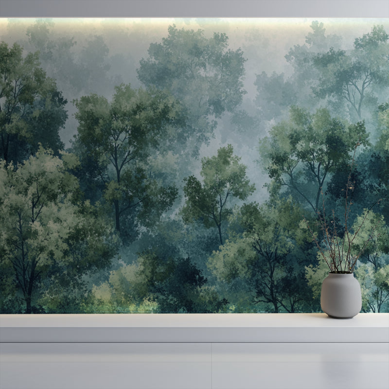 Forest landscape mural in meditation room showing scale and depth