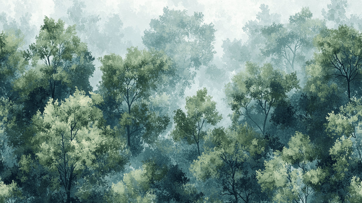 Forest mural wallpaper design file showing full misty green trees pattern