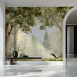 Forest wall mural creating depth in modern living room with natural light