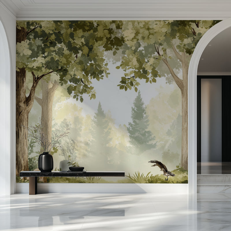 Forest wall mural creating depth in modern living room with natural light