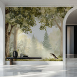 Forest wall mural creating depth in modern living room with natural light