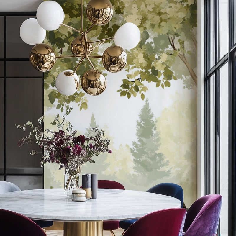Misty forest wallpaper in cozy bedroom setting with morning light